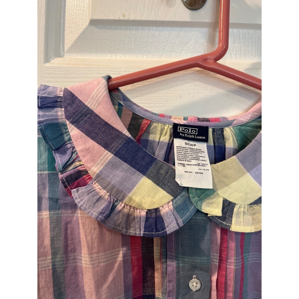 Polo Ralph Lauren Plaid Ruffle Collar Blouse Pink Blue Purple Cotton Top S b7 - Picture 3 of 7